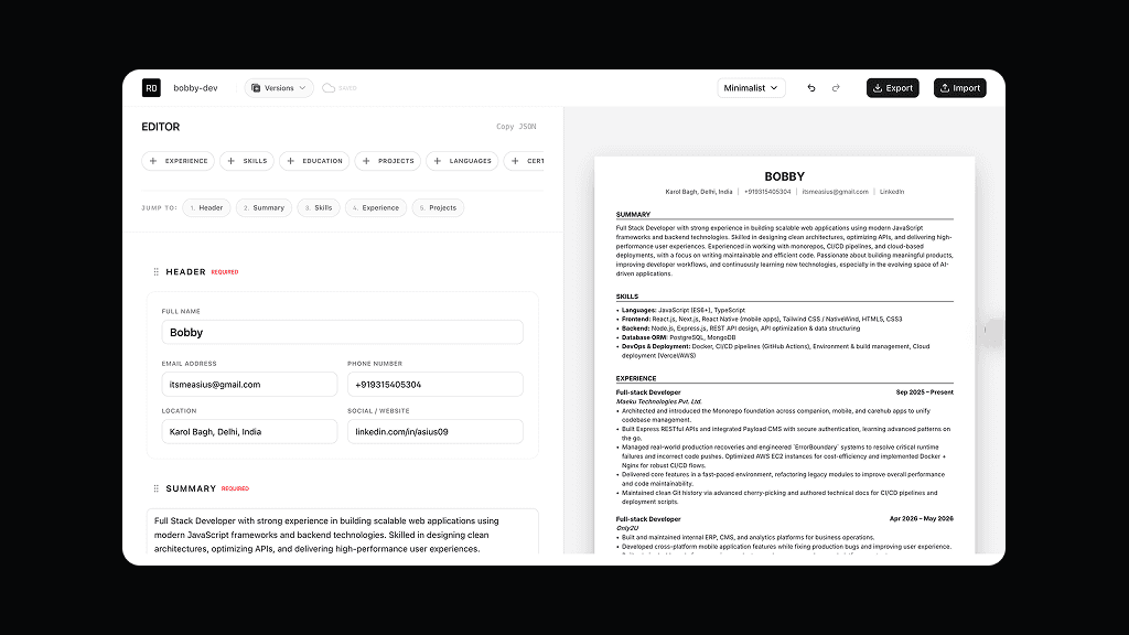 Screenshot of Resume Zero: A local resume builder